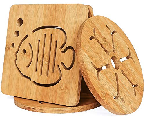 Conisy Hitzebeständiger topfuntersetzer,4er Set Bambus Rutschfestes Waschbar Untersetzer für Küche Schüssel Topf Pfannen kanne und Teller (16cm)