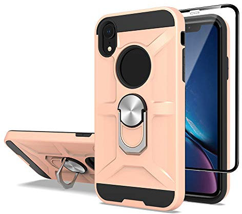 Cuoqing iphone XR Case, with Screen Protector, Military Grade Heavy Duty Armor Shockproof Protection Phone Cases Cover with Magnetic Ring Kickstand for iphone XR,Rose Gold