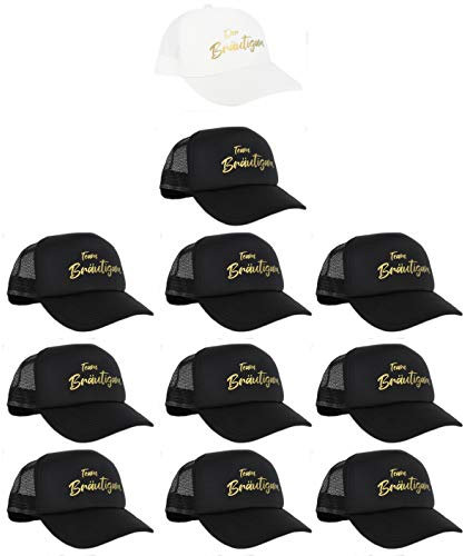 Deqosy Mesh Cap weiss mit Aufdruck Der Bräutigam und 10 schwarze mit goldenem Aufdruck Team Bräutigam, JGA Accessoires Männer, Accessoires für Junggesellenabschied