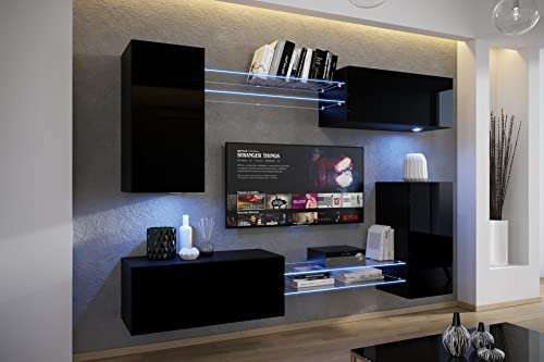 Furnitech Wohnwand Wohnzimmer | Wohnzimmer Möbel mit LED RGB - 16 Farben | Hängend Wohnwand Modern | Wohnzimmer Schrankwand mit Regale und TV Schrank (AN57N-21B-HG1-1B)