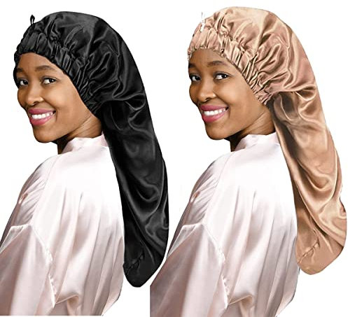 LadayPoa Lange Satin Haarhaube Mädchen Seidige Mütze,2 Stück Damen Lange Satin Haube Schlafmütze zum Schlafen Extra Große Satin Schlafmütze