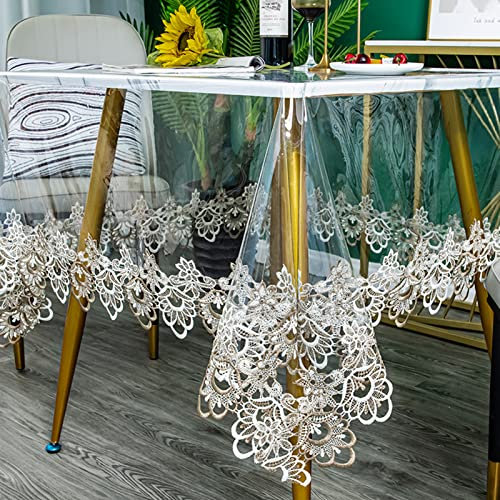 Klare Kunststoff Rund Tischdecke Wasserdichtes Vinyl PVC Tischdecke Bestickte Spitze Rand Transparente Tischabdeckung für die Küche im Freien und im Inneren verwendet-Rund 130 cm, Blumen1