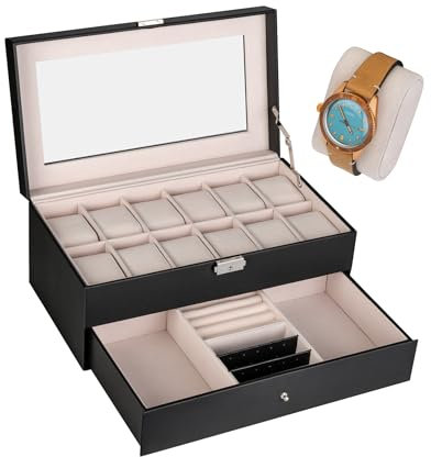shelfmade Schmuckaufbewahrung - Uhrenbox 12 Uhren schwarz - Schmuckkästchen Watch Box - Schmuckkasten Damen & Herren Samt - Uhrenaufbewahrung mit Schloss (beige)