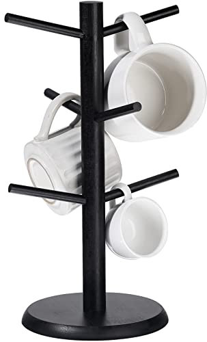 Nuenen 14 Zoll Kaffeetassen Halter Baum Tassenhalter Baum Becherhalter Kaffeebecher Gestell Getränkehalter für Theke mit 6 Haken Abnehmbarer Tassen Ständer (Schwarz, Bambus)