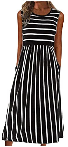 LUNULE Ballkleider Damen Lang Mittelalter Kleid Erstkommunion Kleid Frauen Streifen Drucken Rundhals ÄRmellos Swing Maxikleid Mit Tasche Sommer Gestreiftes BH FüR RüCkenfreies Kleid (Schwarz, L)