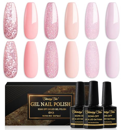 Shining She Smalto Semipermanente Unghie Rosa Nudo,6 Colori Delicato Glitter Rosa pallido, Soak-Off UV per Principianti Nail Art DIY,8ml
