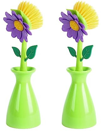 BBTISG Lot de 2 Brosses de Nettoyage en Forme de Fleur, Poignée Amovible Brosse de Cuisine et de Salle de Bain Brosse de Nettoyage Créative avec Support (Vert)