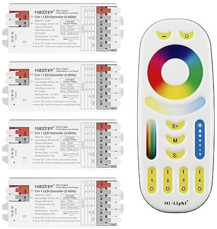 LIGHTEU®, Milight Miboxer 3 in 1 LED Controller (2,4 GHz), RGB RGBW RGBCCT LED Streifen Controller DC12V/24V, unterstützt DMX512, PWM Hoch-/Niederfrequenz, 4x E3-RF + FUT092
