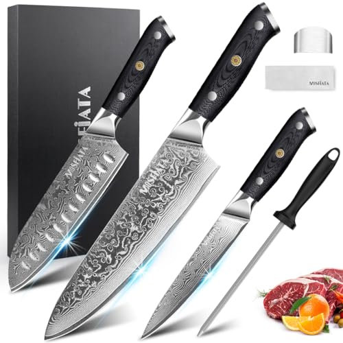 MOSFiATA Damastmesser Set 3PCS, Küchenmesserset aus VG10 Stahl - Inklusive 8 Kochmesser, 7 Santokumesser, 5 Utility Messer-Hochwertige Geschenkbox