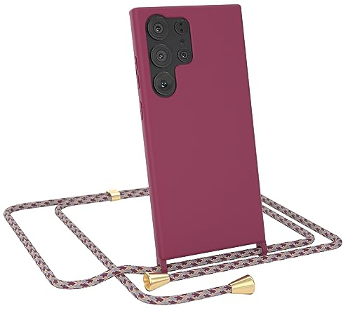 EAZY CASE - Necklace Silicon - kompatibel mit Samsung Galaxy S23 Ultra Slim mit Microfiber, Phone Case, Abnehmbare Handykordelabnehmbar Beere mit Schulterriemen in Rot Camouflage Clips Gold