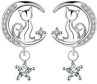 Micory Katzen Ohrringe 925 Sterling Silber Mond Katze Baumeln Tropfen Zirkon Ohrringe Tierschmuck Für Muttertag Geburtstags Weihnachten Geschenk für Sie Frauen Freundin