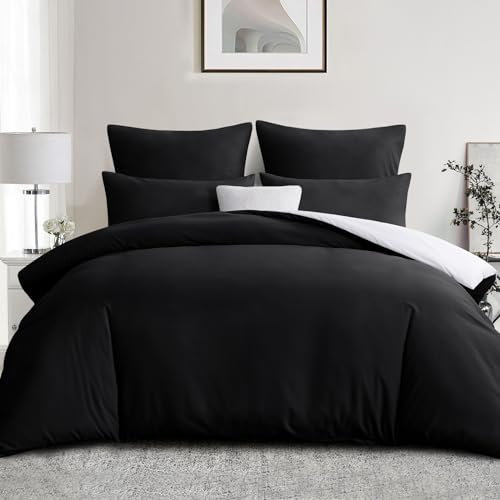 Aisbo Housse de Couette 200x200 Réversible - Parure de Lit Bicolore 200 x 200 Adulte 2 Personnes avec Fermeture Éclair, Parure Housse Couette avec 2 Taies d'oreiller 65x65, Microfibre, Noir et Blanc