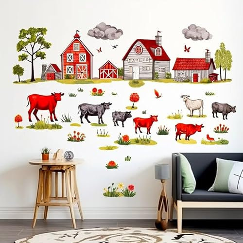 Wandaufkleber mit Bauernhof-Motiv, Aquarell, Tiere, Häuser und Zäune, perfekt für Kinderzimmer, Kühe