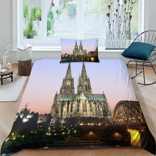 HOTGE Kölner Dom 3D Bettwäsche-Set Weich Mikrofaser Bettwäsche Set,für Unisex,mit Bettbezug Und Kissenbezug Haltbar Atmungsaktive Single(135x200cm)