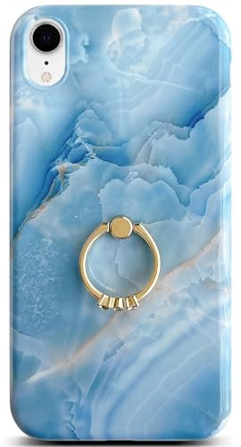 Qokey Compatible with iPhone XR Case,Cute Marble Case Fashion for Men Women Girls with 360 Degree Rotating Ring Kickstand Soft TPU Shockproof Cover Designed for iPhone XR 6.1 Grey Blue