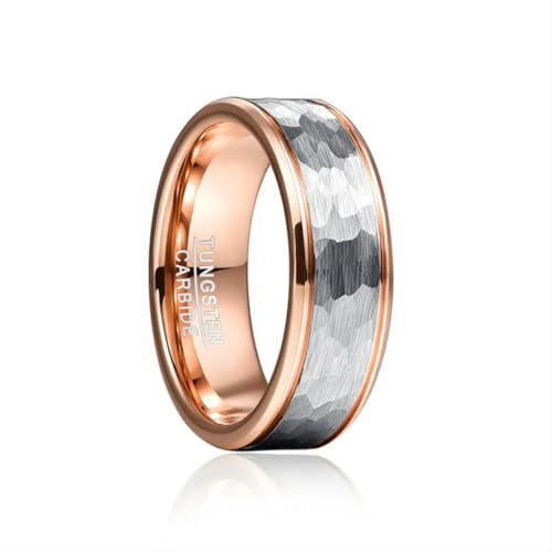 YAHOYA 8mm Stahl gehämmert feine Rille Roségold Wolframstahl Ring Wolframkarbid Ring Mode Hochzeit Schmuck
