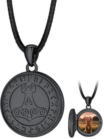 FaithHeart 925 Foto Anhänger für Herren Männer, Schwarz Medaillon mit Wikinger Thors Hammer Symbol, Wikinger Amulett mit Bildanhänger für Geburtstag Weihnachten Halloween