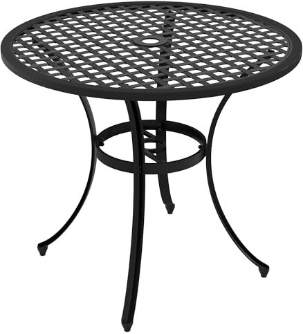 Outsunny Φ85cm Round Garden Dining Table, Cast Aluminium Coffee Table with Parasol Hole and Adjustable Foot Pad, Patio Table for Outdoor, Balcony, Poolside, Black