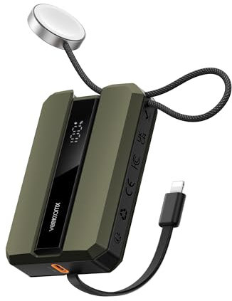 Power Bank 30W PD VEEKTOMX Powerbank 10000mAh per iPhone Caricatore Portatile con Cavo Integrato Caricabatterie per Apple Watch Batteria Esterna Compatibile con iPhone 14/13/12/11/iWatch ecc. (Verde)