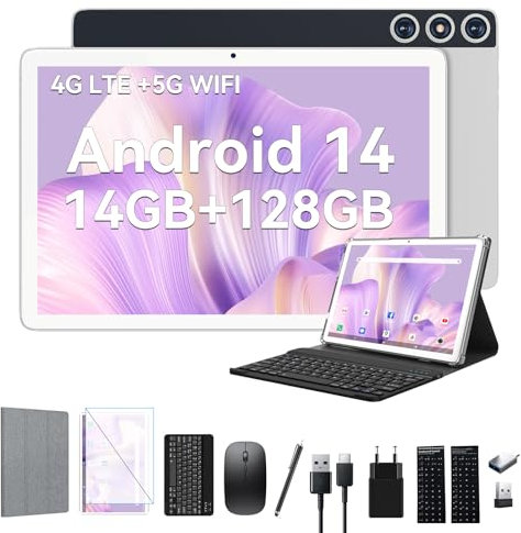 2025 Neueste Android 14 Tablet 10 Zoll,4G LTE Tablets Mit 2 SIM 1 SD slot,5G Wifi Tablett PC Mit 14GB+128GB(1TBTF),3-in-1 Tablet Mit Tastatur Maus-Octa-core,1080FHD,13+8MP,7000mAh,GPS/OTG-Silber