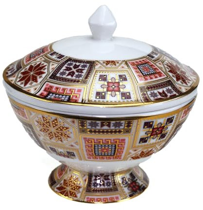 DLM-069 Bomboniera Zuccheriera in porcellana con decori orientali e contorni in oro, altezza 10,5 cm Diametro 11 cm, adatta per matrimoni, battesimo, anniversaro e comunione