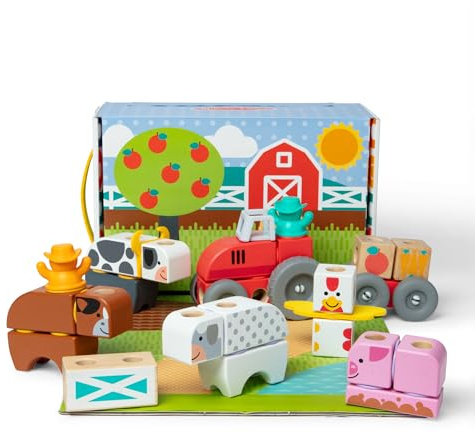 Melissa & Doug Blockables Bauernhof Bauset - 56 teiliges Set mit Holzbausteinen, Steckverbindungen, Filzaccessoires und mehr für kreatives Bauen und Spielen, für Kinder ab 2 Jahren - FSC zertifizierte