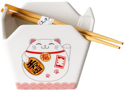 Urban Tokyo Chinese Takeout Box Style Porcelain Bowl with Chopsticks Lucky Cat Maneki Neko Design 18 fl oz Square Shape, Medium, White/Red, BCH54-100