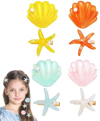 Zeayebsr 8 PCS Pince à Cheveux Coquillage Mini Fille, Pinces à Cheveux Étoile de Mer Femme, Pinces à Cheveux Forme d'Étoile de Mer et Coquillages de Princesse à Paillettes,barrette coquillage fille