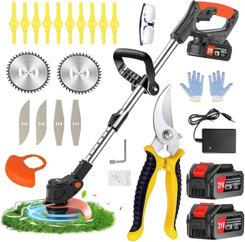 Strimmer,Cordless strimmer with 2 * 21V 2.0Ah batteries, Metal blade strimmer with 3 types of blades, Height Adjustable Battery strimmer/Garden strimmer/Electric strimmer for garden, lawn,villa