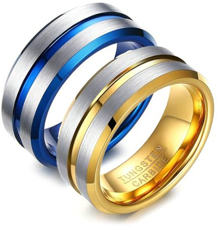 Daesar Trauringe Paarpreis mit Gravur, Hochzeitsringe Wolframcarbid 8MM Matt mit Rille Eheringe Nickelfrei Partnerringe für Sie und Ihn Gold Gr.55 (17.5)& Blau Gr.60 (19.1)
