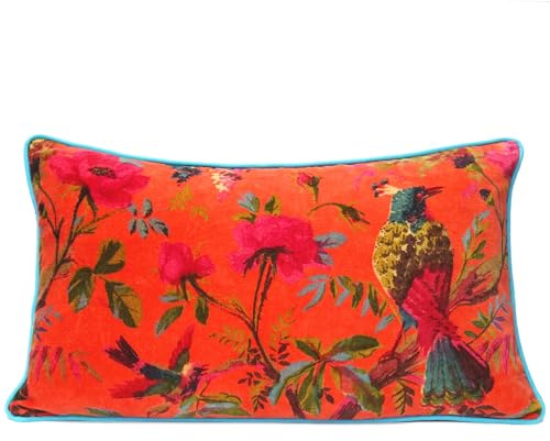 Eyes of India Samt-Kissenbezug mit Blumen- und Vogelmotiv, für Sofa, Couch, bunt, Boho-Chic, Bohemian-Akzent, indisch, handgefertigt (Orange, 30,5 x 50,8 cm)