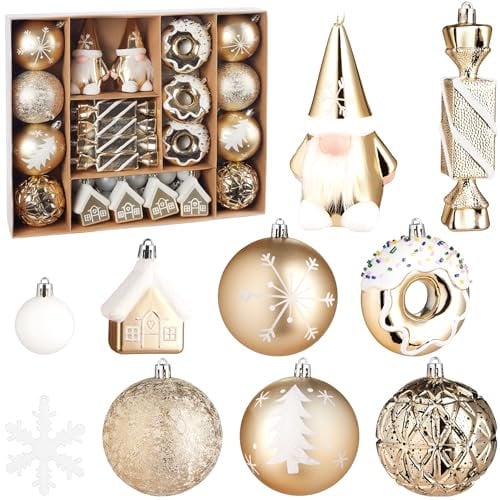 BRUBAKER 64 Stück Christbaumschmuck - Weihnachtskugel Set mit Donuts, Häuser, Schneeflocken, Kugeln und Bonbons - Baumkugel Baumschmuck - Anhänger Weihnachten für Weihnachtsbaum - Gold Weiß