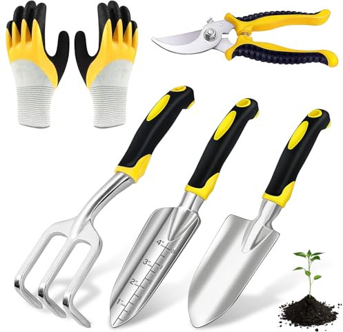 Bordeag 5-Teiligem Gartenwerkzeug Set, Gartengeräte Set Aus Edelstahl, Gartenwerkzeug Gartenset Werkzeug Gartengerät Mit Handkelle, Gartenschere, Harke, Gartenhandschuhen, Gartenzubehör