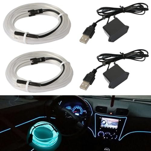 2 Pezzi 5m Filo LED Auto Interni Luce,Fibra ottica Luce Car Bagliore laterale,5V USB Neon El Filo Auto Interno Atmosfera Interno Striscia Luce,1 Raschietto,2 Porta USB da 5V-Blu ghiaccio