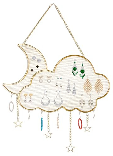 Jiayaus Présentoir à bijoux mural en métal - Organiseur de boucles d'oreilles - Porte-bijoux en maille dorée avec 6 crochets, bracelets, colliers - Affichage pour filles et femmes - Cadeau (nuages de