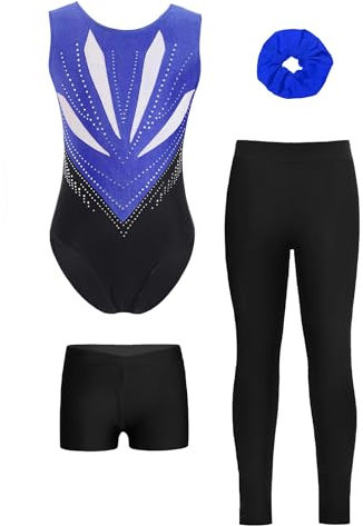 Miutii 4tlg.Mädchen Turnanzug Glitzer Gymnastikanzug mit Shorts Hose und Haargummi Ärmellos Ballettanzug Gymnastik Leotard Eislaufen Tanzkostüm Blau Schwarz 146-152