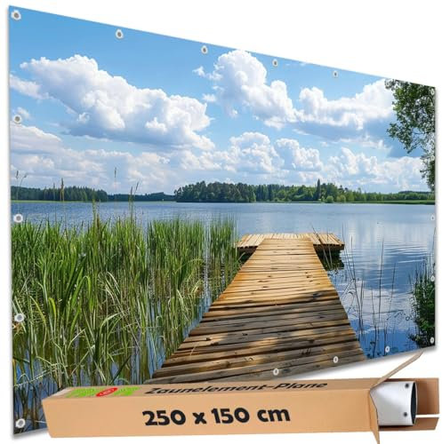 TRIOSK Sichtschutz Garten Deko Zaun Plane Blickdicht groß mit Zaunblende Motiv Holz Steg Holzweg Schilf See für Balkon Terrasse Zaunelement Doppelstabmatten Gartenzaun PVC 250x150 cm