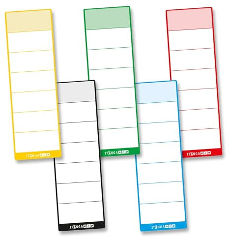 itenga 100x Ordneretiketten Ordnerrückenschild für breite und schmale Ordner I Aufkleber für Ordnerrücken selbstklebend aus Haftpapier (Farbmix 5 Farben, für breite Ordner 6x19cm)