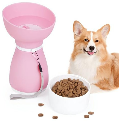 Shiergongli 2-in-1 Foldable Dog Water Bottle & Food Container – 600ml Portable Pet Dispenser with Bowl & Leakproof Valve, BPA-Free Travel Feeder for Puppy, Cat, Small Pets (Pink, 600ml+260ml)