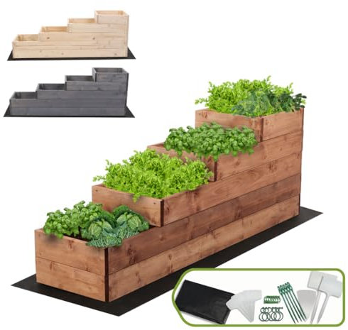 MODO24 Hochbeet Holz, 4-stufiger Pflanzkasten, Blumenkasten, Gemüsebeet, Kräuterbeet, Anzuchtset, Anzuchtkasten, mit Gartenvlies als Unterlage und Schrauben, Abmessungen 45x30x120 cm, Farbe: Braun