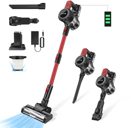 Cordless Vacuum Cleaner, Wall Hanging Stick Vacuum Cleaner 15KPA， Tangle-Free Brush, 3000mAh Battery, Lightweight and Versatile, Deep Cleans, Self-Standing, LED,Red