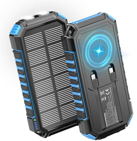 Caricatore-Solare-Power-Bank-Wireless-27000mAh - Riapow 22,5W Ricarica Rapida Batteria Esterna con 2 Cavi Integrati, USB C PD QC 3.0 Uscita Caricatore Portatile per Telefono Tablet (Blu)