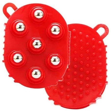 Lymphdrainage-Handschuhe, Lymphdrainage-Handschuhe für Frauen, Handmassageball, Beauty-Roller, Körperpflege-Muskelentlastungsgerät mit 7 Metallkugeln, 360-Grad-Massagerolle für Rücken und Bei (Rot)