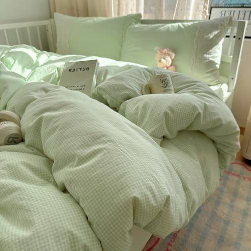 VM VOUGEMARKET Ensemble de Parure de Lit Vert à Carreaux Gingham pour Grand Lit 3 Pièces Housse de Couette avec Dentelle Blanche et 2 Taies d'Oreiller Housse de Couette à Carreaux Plaid Confortable et