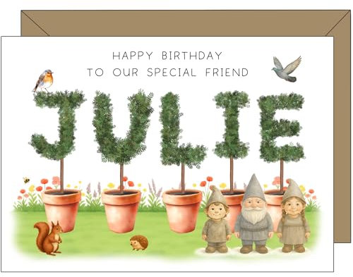 Personalised Gardening Birthday Card for Friend – Topiary Plant Letter Design with Gnomes – Unique Garden Theme Greeting card for Her – Customised Name