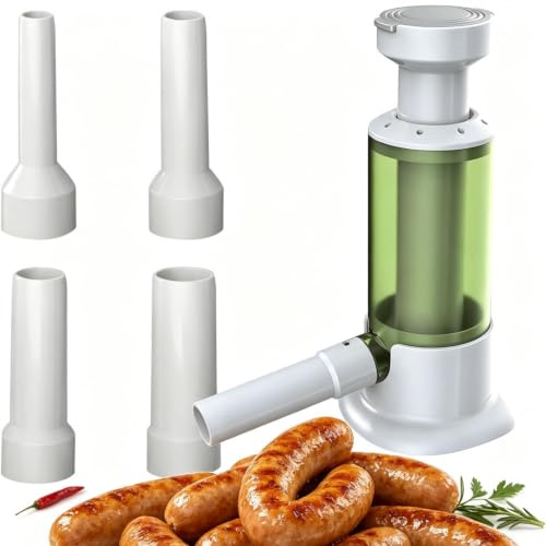 Sausage Filler Machine, Manual Meat Stuffer with 4 Nozzles for Home Use | Clear green design, easy to clean, includes 4 nozzles for varied sausage sizes, simple manual operation, durable construction