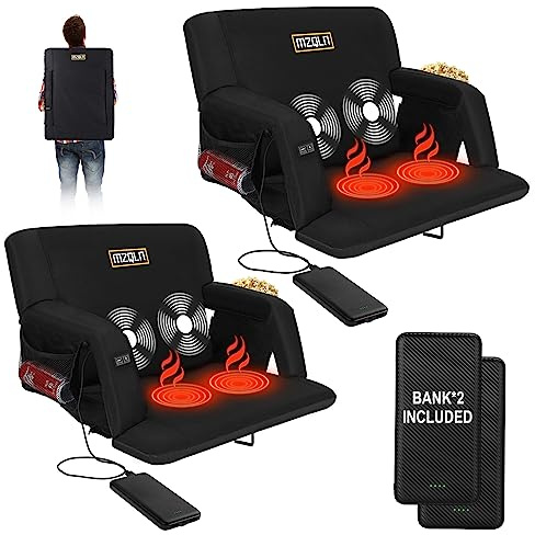MZQLN Heated Massage Stadium Seats Pack of 2, 21 Inche Folding Bleacher Chair with 10000mAh Portable Power*2, 3 Levels of Heat&Massage, 6 Reclining Positions for Camping, Sports