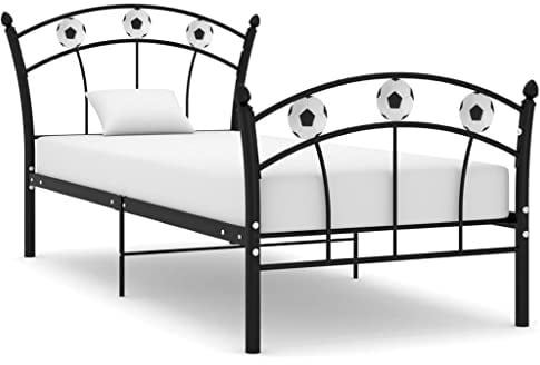 Teenpull Einzelbett mit Fußball-Design, Schwarz, Metall, 90x200 cm, Robustes Jugendbett für Kinderzimmer, stabile Lattenrost-Basis