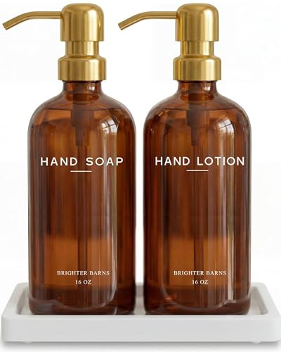 Luxury Glass Soap and Lotion Dispenser Set with Tray by Brighter Barns - Hand Soap Dispenser Bathroom Set w/Stainless Steel Pump - Gold Bathroom Decor for Guest House, Airbnb, Spa, Gift (Amber/Gold)