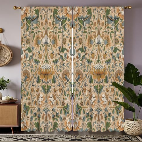 VELOMEA William Morris Vorhänge im Vintage-Stil, Botanische Gardinen mit gelben Blumen und Vogelmotiv auf Beige, Verdunkelungsvorhänge für Schlafzimmer oder Wohnzimmer B53,5 × H114 cm (2er Pack)